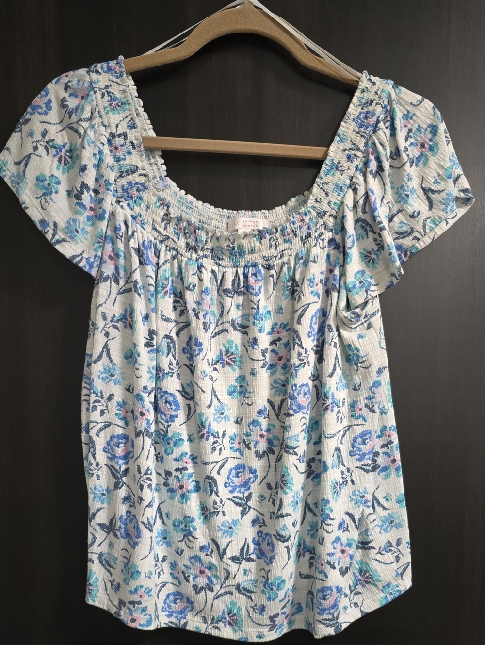 LC Lauren Conrad Blue Floral Smocked Blouse with Flutter Sleeves, Size L